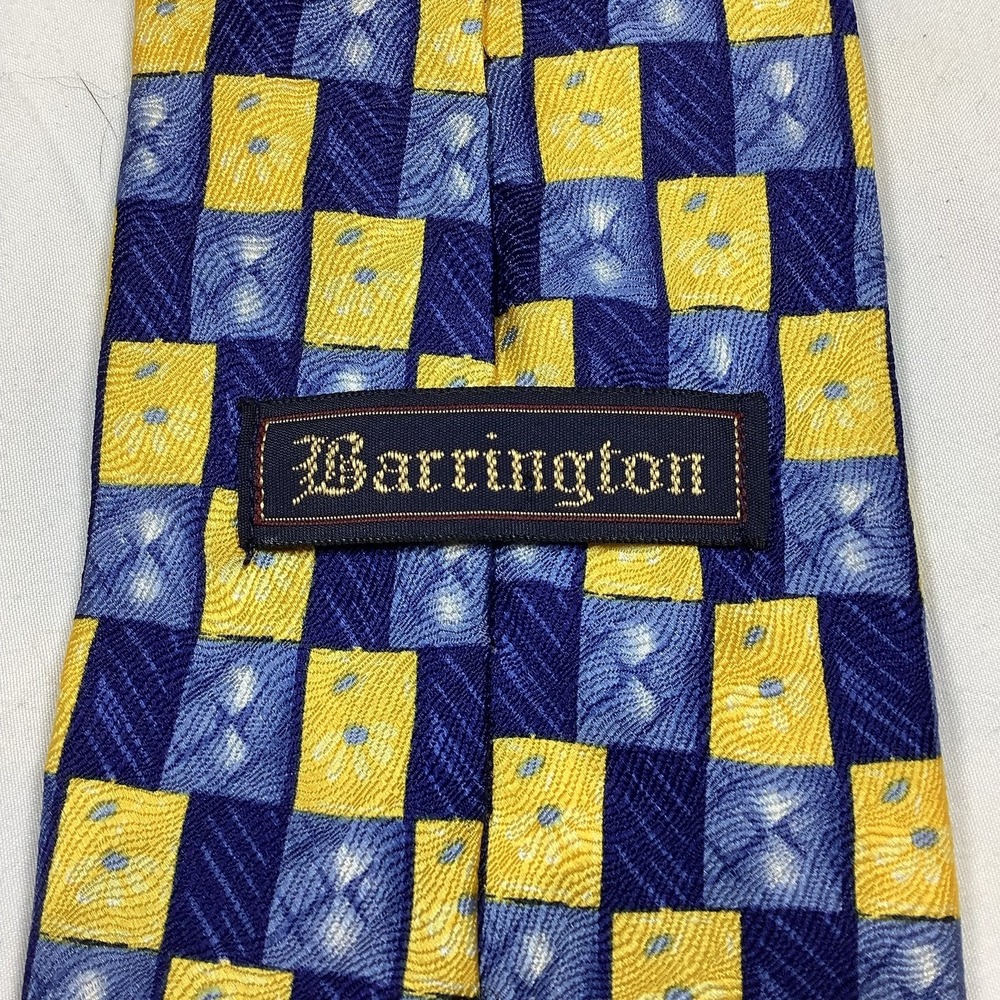Barrington Mens Silk Tie Blue Yellow Gold Geometric Check Block Necktie